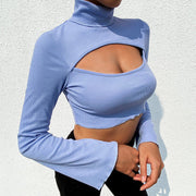 Sexy Cutout Topless Top Flared Long Sleeve Turtleneck T-Shirt