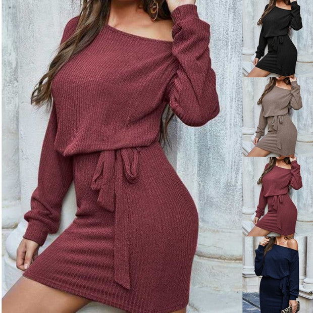 Autumn and winter casual long-sleeved oblique shoulder women's bag hip dress