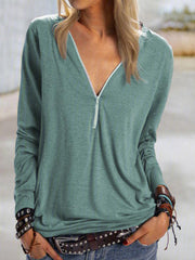 Fashion casual V-neck zipper solid color long-sleeved t-shirt
