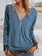 Fashion casual V-neck zipper solid color long-sleeved t-shirt