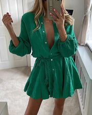 Solid Tie Button Ruffle Dress