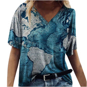 Casual map print v-neck short-sleeved T-shirt