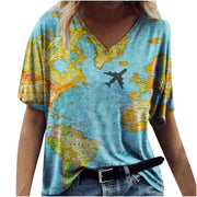 Casual map print v-neck short-sleeved T-shirt