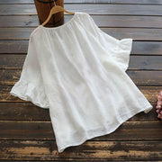 Pure color short-sleeved ruffled blouse, summer shirt, women's cotton and linen casual shirt