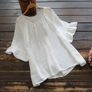 Pure color short-sleeved ruffled blouse, summer shirt, women's cotton and linen casual shirt