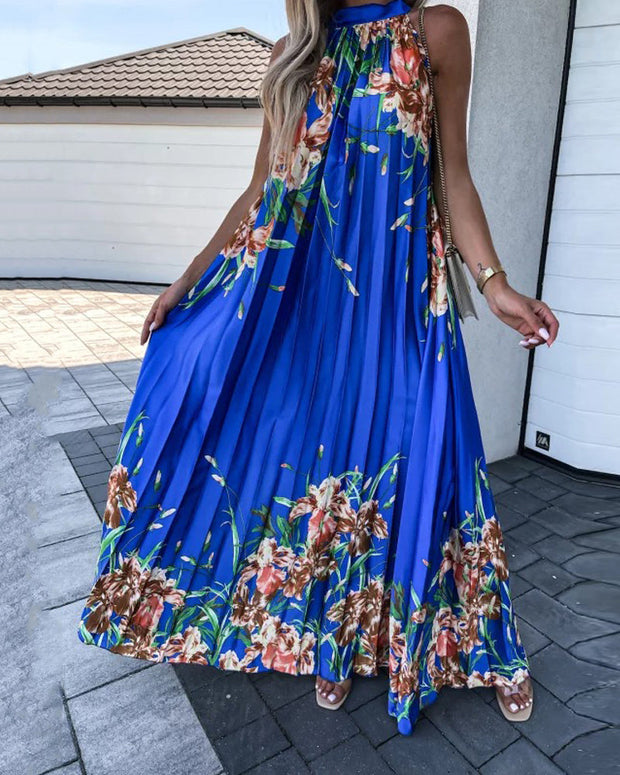 Sexy Printed Halter Neck Sleeveless Pleated Pleated Dress ( With Belt )