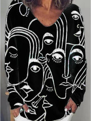 Fashion casual abstract face print long-sleeved loose top