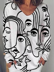 Fashion casual abstract face print long-sleeved loose top