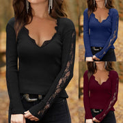 Temperament commuter pullover V-neck lace mesh bottoming shirt