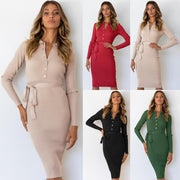 Slim slimming dress with knit long sleeves