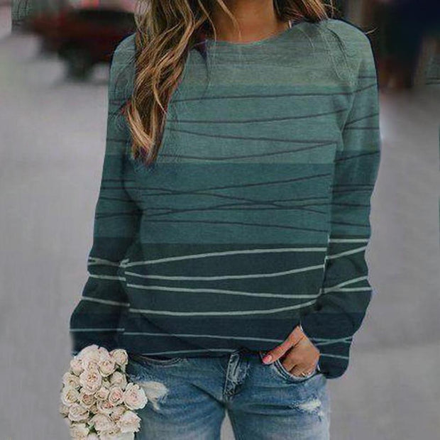 Fashion gradient color striped round neck women's long sleeves