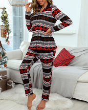 Christmas Argyle Deer Print Casual Pajamas Set