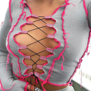 Women's fashion strappy hollow sexy slim T-shirt