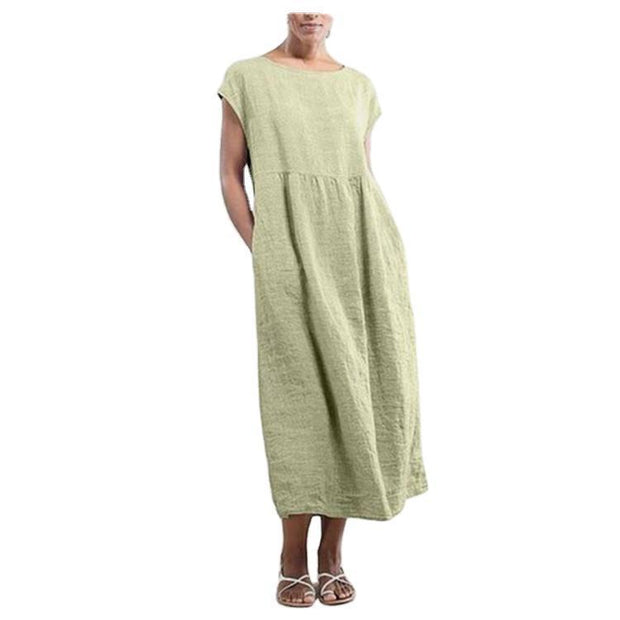 Solid color sleeveless loose cotton and linen pocket dress