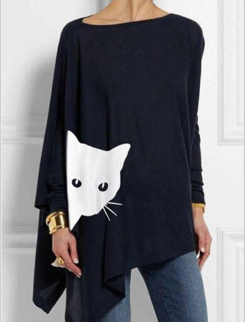 Fashion casual irregular cat print long sleeve T-shirt