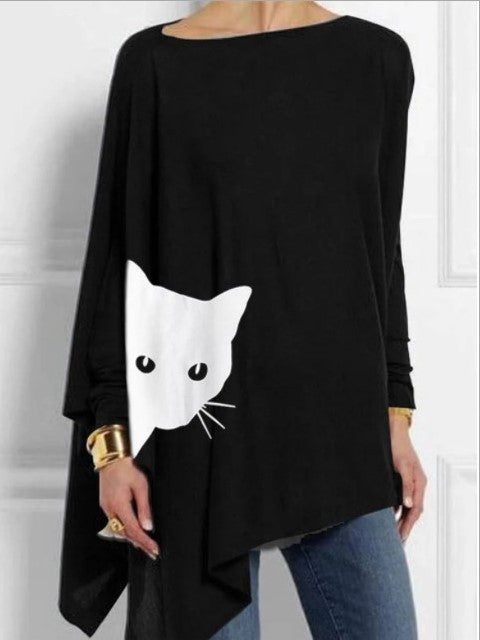 Fashion casual irregular cat print long sleeve T-shirt