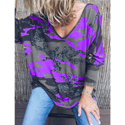 Fashion all-match V-neck camouflage print long-sleeved T-shirt loose top