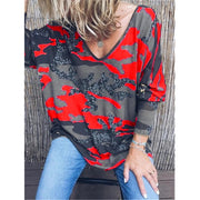 Fashion all-match V-neck camouflage print long-sleeved T-shirt loose top