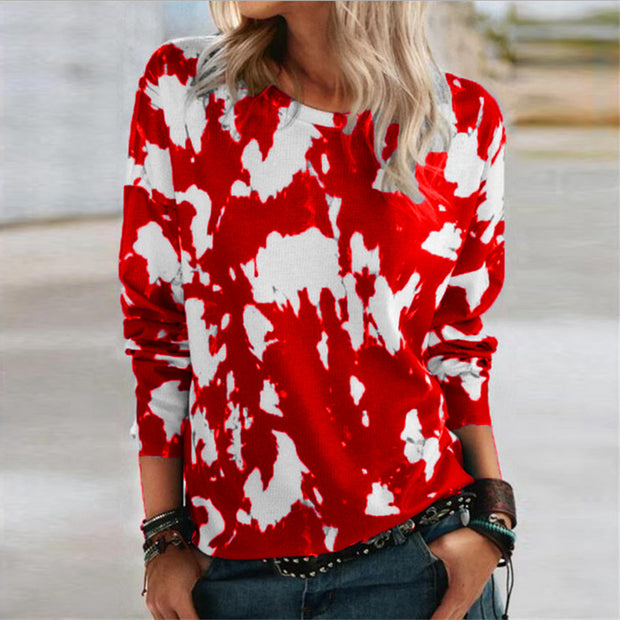 Fashion loose round neck long sleeve hit color printing T-shirt top women