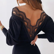 Sexy open-back lace V-neck waistband hip dress