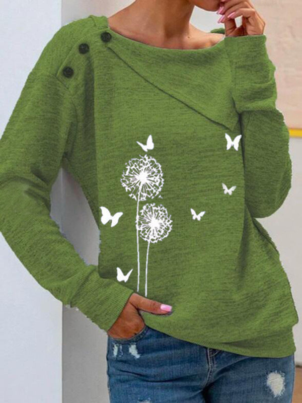 Fashion casual button decoration irregular printing knitted top