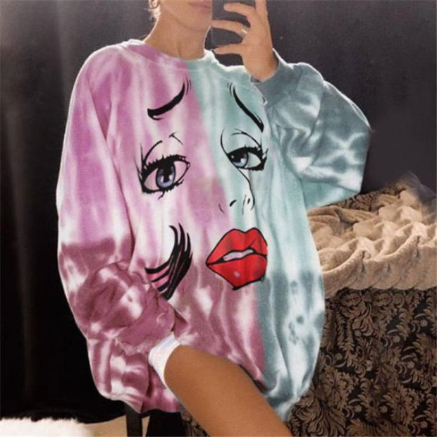 Commuter printing round neck pullover lazy style loose sweater women's clothing