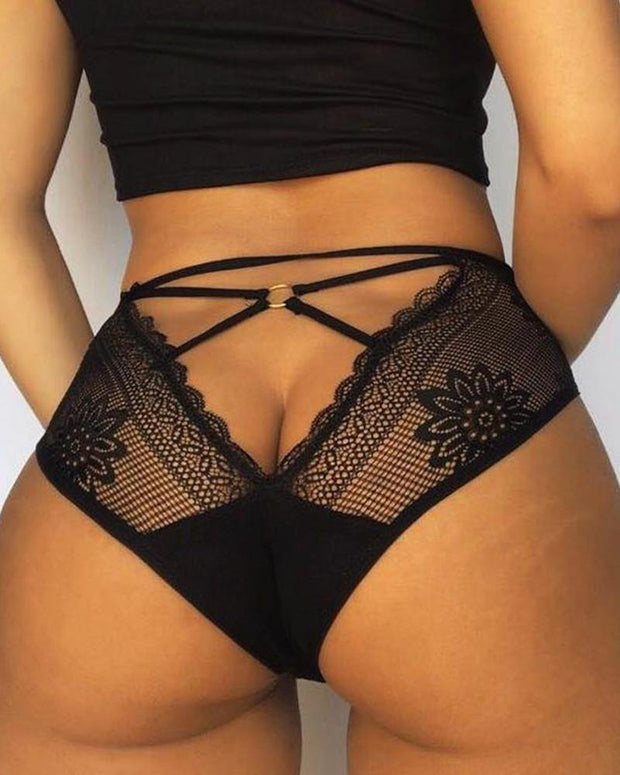 Floral Pattern Embroidery O-ring Hollow Out Lace Panty - Xmadstore