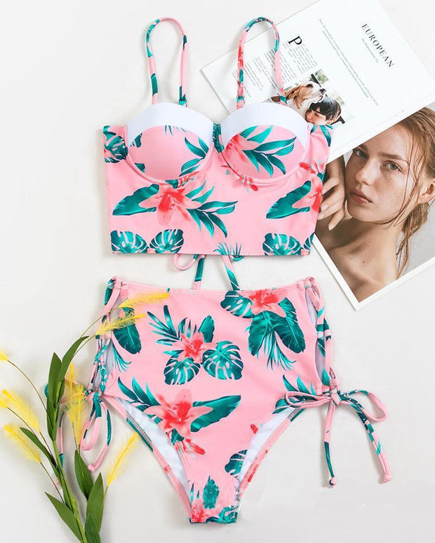 Floral Print Strap Tanks With Panties Bikini Sets - Xmadstore