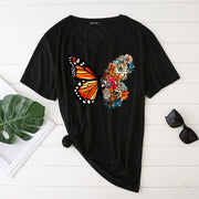 Butterfly print short-sleeved round neck fashion casual loose T-shirt