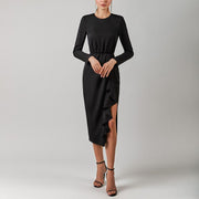 Solid color irregular ruffled long-sleeved temperament slit dress