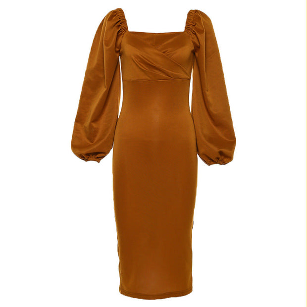 Spring and autumn temperament dress skirt mid-length puff sleeve stretch cotton bodycon dress