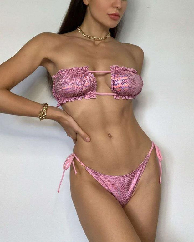 Solid Glitter Ruffles Strappy Bra With Strappy Panties Bikini Sets - Xmadstore