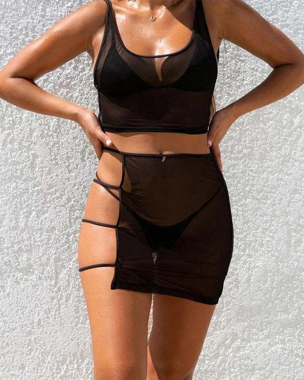 Solid Strap One-piece Swimwear With Mesh Suit Sets Bikini Sets - Xmadstore