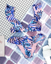 Floral Print Sleeveless Ruffles Contrast Bra With Panties Bikini Sets - Xmadstore