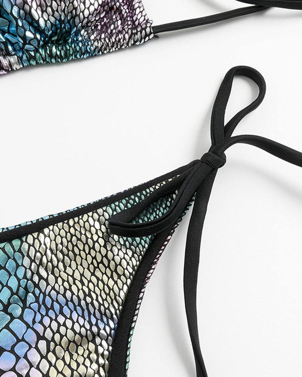 Multicolor Snakeskin Lace-up Halter Sleeveless 2-Piece Bikini Sets - Xmadstore