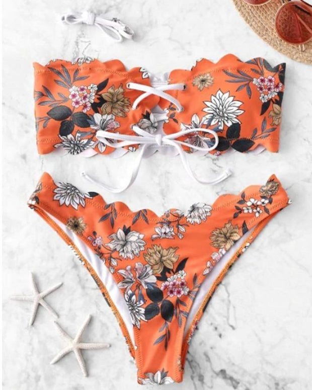Floral Print Sleeveless Strappy Bandeau With Panties Bikini Sets - Xmadstore