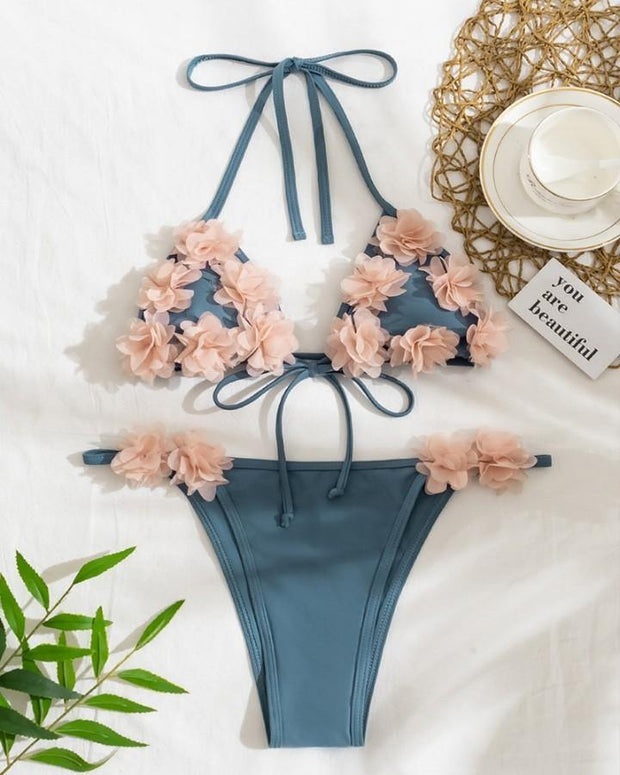 Mesh Flower Contrast Bra With Panties Bikini Sets - Xmadstore