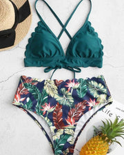 Solid Strap Bra With Floral Print Panties Bikini Sets - Xmadstore