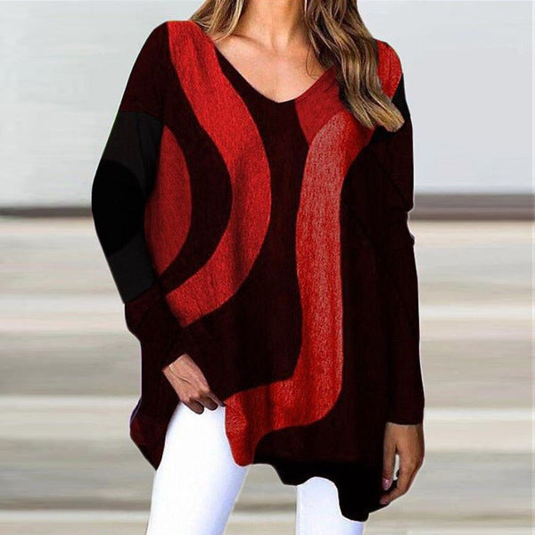 Fashion V-neck pullover long-sleeved geometric pattern loose casual women's T blood