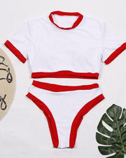 Color Striped Short Sleeve Cropped T-shirt With Panties Bikini Sets - Xmadstore