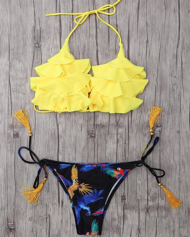 Solid Ruffles Bra With Strappy Floral Panties Bikini Sets - Xmadstore