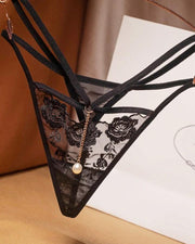 See-through Mesh Splicing Floral Embroidery Pearl Thong Panties - Xmadstore