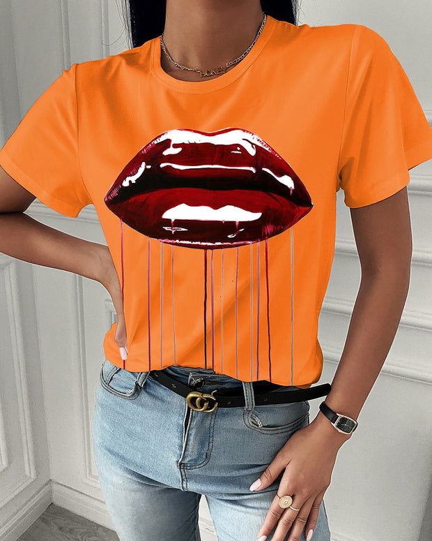 Fashion  spring and summer red lip printing short-sleeved T-shirt