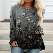 Fashion casual round neck long sleeve floral retro casual top