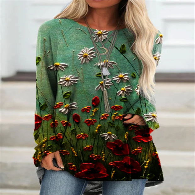 Fashion casual round neck long sleeve floral retro casual top