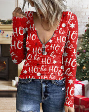 U-Neck Zip-Up Christmas Print Knit Long Sleeve T-Shirt