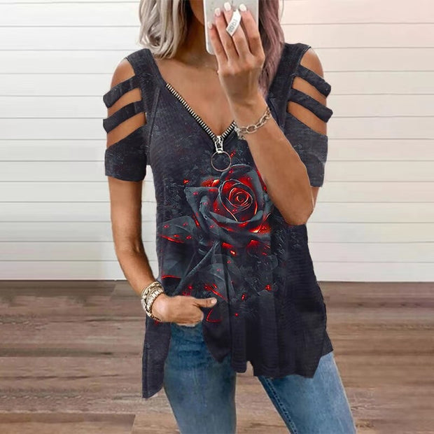 Casual hollow printed V-neck short-sleeved T-shirt