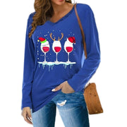 Fashionable women's V-neck button long-sleeved Christmas wine glass print blouse plus size T-shirt