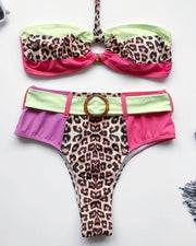 Halter Colorblock Leopard Print O Ring Bikini Set - Xmadstore