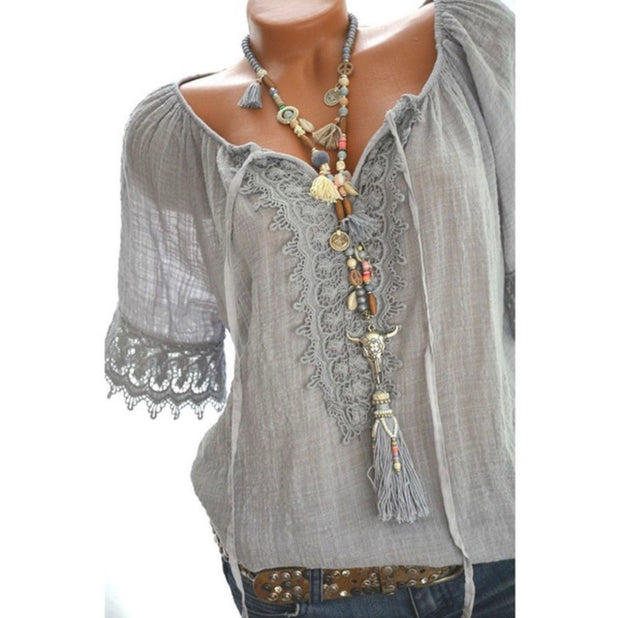 V-neck solid color lace stitching loose large size women's short-sleeved T-shirt